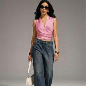 Satin Wrap Ruched Tie Side Tank Deep V Neck Sleeveless Blouse Pink